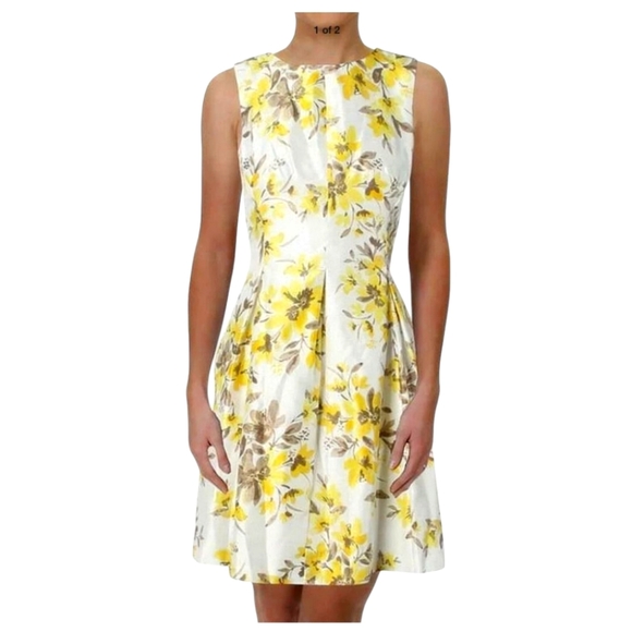 Jessica Howard Retro 60s Sleeveless Scoop Neck Fit Flare White Yellow Floral 10 - Picture 2 of 16